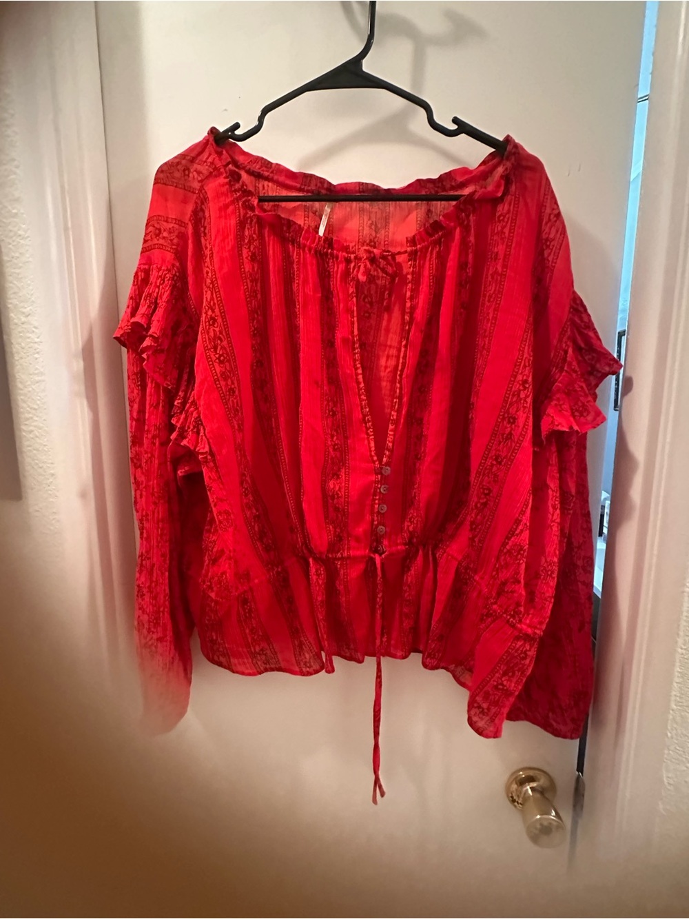 Free People Red Boho Button-Front Peasant Blouse